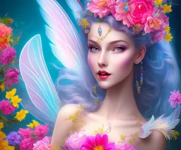 beautiful bright fairy portrait who smiles with long hair, thin face, two hands, two transparent wings on her back in a pink,blue, yellow flowers background,