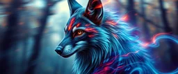 background as motion blurred forest, blink wolf close up portrait of a plasma racoon fox horse king lama shape shifter flickers like hypnotic fire in geometric shapes like a dna swirl of time and a fearsome planeswalker covered in powerful runes