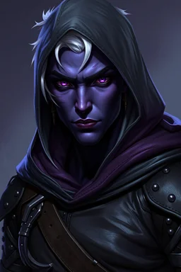 male Drow rogue from dungeons and dragons, his skin is of a very dark purple almost black, white short hair, undercut, piercing violet eyes, wearing leather clothing that also looks studded, realistic, digital art, high resolution, strong lighting, wearing a hood