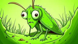 fantasy cartoon style illustration: sad green grasshopper hopped out of his burrow