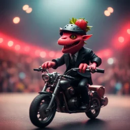 heavy metal kobold strawberry beast business man on motorbike wearing black helmet, in spots on concert stage ,bokeh like f/0.8, tilt-shift lens 8k, high detail, smooth render, down-light, unreal engine