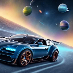 God like, extremely detailed bugatti style car, moving on a silk road through the galaxy, symetrical, HD, 4k, 8k, Photo realistic