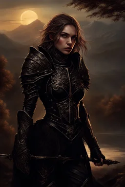 A formidable warrior girl in black armor, on the background Amazing gloomy landscape, flooded with sunset, mountains, trees, fabulous scary hero, , juicy emotions, painting, dark fantasy, gloomy day, dark world, portrait, Gothic Town At Night, Fantasy, Intricate Details, Castle Courtyard Gardens, Hyper Detailed