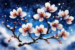 Flower painting on blue starry sky background, Vivid ink painting, upward trend, artistic conception beauty, photographic style, high definition, high detail, detail painting, plant morphology, wax plum blossom in snow, 8k
