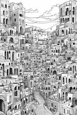 An abstract and expressive interpretation of a palestinian city features for coloring book