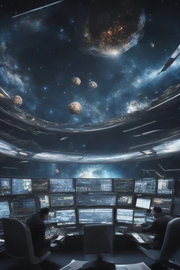 a futuristic stock exchange set in outer space, Traders navigate their spaceships through asteroid-like market trends, buying and selling stocks that are represented by constellations, 8k, realistic and detailed