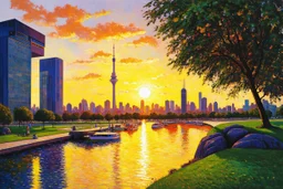 sunset, buildings, lake, rocks, city, park, trees, cyberpunk, sci-fi, paul gauguin, and claude monet impressionism paintings