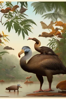 John James Audubon-like illustration of a fully uncropped Dodo bird and a Platypus in a landscape of warm yellows, warm reds, and warm blues