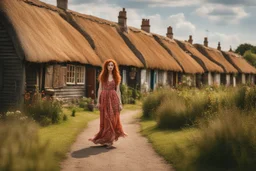 Full body shot of a tall slim pretty, red-headed young woman, dressed in a long flowing colourful dress, standing in front of a row of cottages and shops with thatched roofs, casting runes in the air