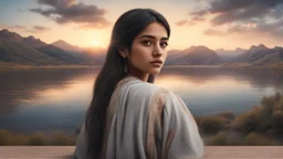 Hyper Realistic Sad Pukhtoon Young-Woman looking at cloudy sunset riverside & mountains at the back