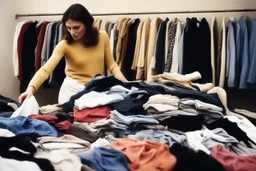 fotografía real, realizada con una cámara Canon y un objetivo de 35 mm, de una mujer europea seleccionando ropa entre un montón