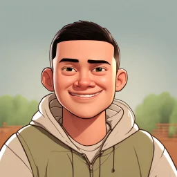 a portrait of smiling young western man. caricature. black hair. short buzz cut hair style. light skin. dark eye pupils. small eyes. black thick eyebrow. small round chubby face shape. a bit small goatee, without moustache. white sweater hoodie. pixar style. 3D. 4k. portrait. highly detailed. sharp focus. high resolution. full color. cinema lighting