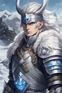 in anime style, 1man, a man with blue eyes and silver hair man in silver Viking armor with fur around the neck with blue crystal on his chest holding an axe in his hands standing on a pirate ship in the artic, warrior in anime style,