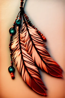 feathers and beads on leather string moving in the wind, warm colors, sharper details, fantasy