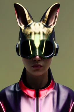 Medium Close Up Portrait, Front image. cyberpunk, rabbit mask, Asian woman, pink hair. latex tracksuit. Red, black, gold, color. Gucci style. Color background, photo studio. Avatar image, highly detailed, concept art, smooth, unreal engine 5, god rays, ray tracing, RTX, lumen lighting, ultra detail, volumetric lighting, 3d, finely drawn, high definition, high resolution.