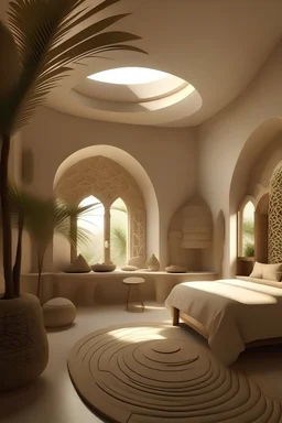 A room made of organic simplicity, Al-Ahsa, Saudi Arabia, pieces inspired by Al-Ahsa's plaster carvings, palm trees, and captivating landscapes