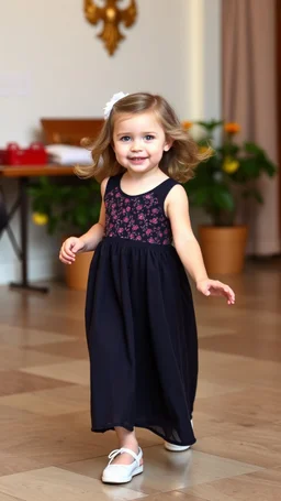 a pretty 3 years old girl with blue eyes and nice dress dancing and playing joyfully