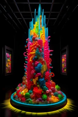 A mesmerizing and hypermaximalistic scene unfolds as a large display showcases an array of different colored objects meticulously crafted from bits of wax and resin, forming an intricate and surreal bio-mechanical form of life adorned with colorful ferrofluid armor, creating a vibrant and abstract 3D artwork; the composition is a perfect maximalistic masterpiece, featuring an abundance of tubes, organic mechanical shapes, and many pipes that intertwine in a complex and visually stunning manner,