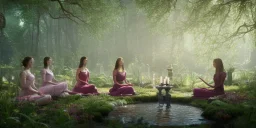 group of beautiful ladies in colourful dresses meditating in an enchanted forest with a spring like chalice well at night, candles in the trees