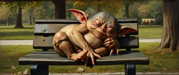 master oil painting by Rembrandt, fat gremlin sleeping on a bench in the park