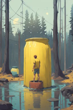 a picture of a guy bathing in a big yellow jar, he is in a adventure park with his girlfriend, art style simon stålenhag