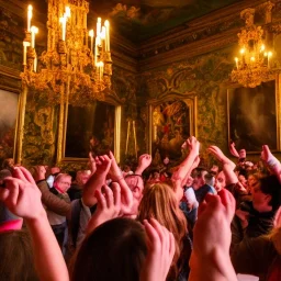 Celebration in a schloss, austrian cheering people, ledherhosen Austrian aesthetic, warm colors, wooden floor, forest green walls, chiaroscuro, 8k, HD, cinematography, photorealistic, Cinematic, Color Grading, Ultra-Wide Angle, Depth of Field, hyper-detailed, beautifully color-coded, insane details, intricate details, beautifully color graded, Cinematic, Color Grading, Editorial Photography, Depth of Field, DOF, White Balance, 32k, Super-Resolution, Megapixel, ProPhoto RGB, VR, Halfrear Lighting