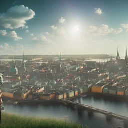 photography, theme art, light happy atmosphere, 8K, clouds and sun, ignore NSFW, full body image, Stockholm in the background, illustration, vector