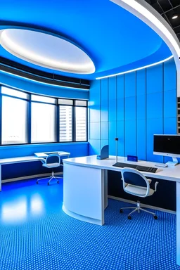 The office desks are hung on the walls in an oval shape, and the color of the walls is blue and the floor is white