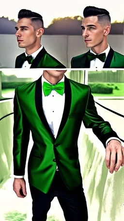 Handsome male model aged 20 hair cut short at the sides and longer on top wearing a tuxedo with a green cumberband and bow tie. Hyperrealistic 4k dark fantasy