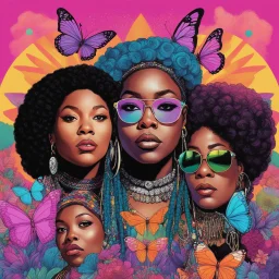 women of hip hop [physchedelic album cover illustration colourful To Pimp A Butterfly by Kendrick Lamar] Salt and pepper, Shay, Queen Latifah, Roxanna chanté