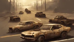 bandit cars on the highway, post-apocalyptic concept art