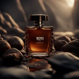 social media ad post for boss brand royal perfume .steam in the background. dramatic on rock cinematic croissant .cinematic,8k high cualitcy