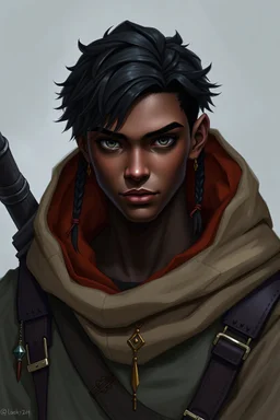 Male Kalashtar dungeons and dragon race, ranger, short layered dark hair with a couple small braids, grey eyes, dark dark skin, small dainty gold jewelry, young and strong looking, royal adventurer, hoodies forrest-like clothing