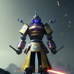 A portrait of a crystalised robot samurai with yakuza tatu, atmospheric, realistic, unreal engine cosmic galactic, cinematic lighting, octane render, random colors, transparent, cosmic ambiance, masterpiece, art by Yoji Shinkawa, composing fit inside, masterpiece