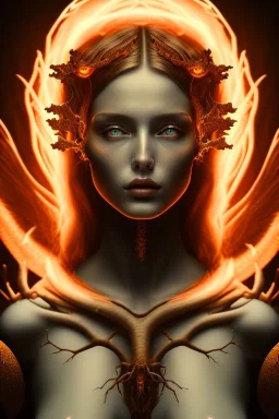 portrait photography of an ethereal beautiful animal goddess, Fire theme art, Dark moody night atmosphere, Portrait of a woman by Michelangelo, 8K, close-up face, anatomically perfect face, oak tree roots, ignore NSFW