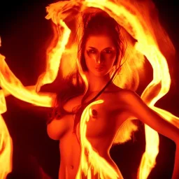 woman made of fire, succubus, fire clothes, full body portrait, long flowing hair, only wearing bikini made of fire, highly detailed, real life photo, photo quality, extremely detailed, high quality, standing in fire, highly detailed face with makeup