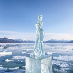 in a frozen sea with pretty mountains a full lady ice statue in artist pose standing over a ice block looking at camera, of clear glass like ice that going to melt and water drops fall from all body.