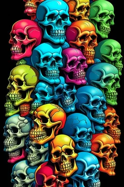 a stack of 1000 nearly anatomically correct cartoonish skulls, vivid colors, dark comedy, well lit, high detail,