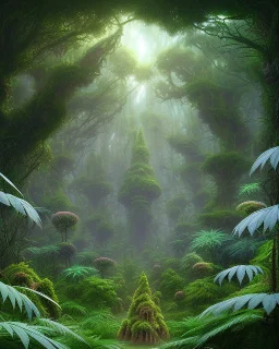 Forest of giant cannabis plants in a tropical setting, beautiful fantasy landscape, realistic and natural, cosmic sky, detailed full-color, nature, hd photography, fantasy by john stephens, galen rowell, david muench, james mccarthy, hirō isono, realistic surrealism, elements by nasa, magical, detailed, alien plants, gloss, hyperrealism