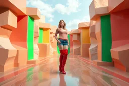 beautiful full body with long boots lady in surreal stage made of random size polygonal recursive 3d objects with contrasting color strips ,in clothing similar to environment full body posing to camera,infinite world of strange