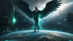 matrix universe, space, planets, god creation, angels from other dimensions with beautiful wings, trees on the planet, behind green crystals of light, few tiberium monolith deposits on the planet near tree,