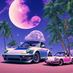 1980's aesthetic vaporwave palm trees with moon with porsche in autumn with lightning