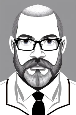 black and white,real estate agent,bald white male with grey beard,55 years old,metal frame glasses,, necktie,portly,detailed drawing,white background