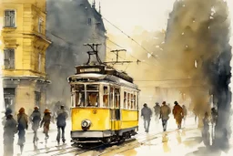 yellow tram in Budapest, style Alvaro Castagnet, Anton Pieck highly detailed elegant very attractive beautiful dynamic lighting watercolor aquarelle Thomas Wells Schaller