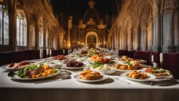 1423, delightful, sensitive, delicious food, banquet, confident, delicate, night, darkness, architecture, filled with delicious food, award-winning photograph, beautiful composition, delicate colour, chiascuro