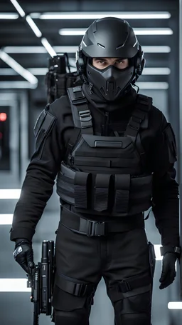 teenager male dressed with futuristic black tactical gear