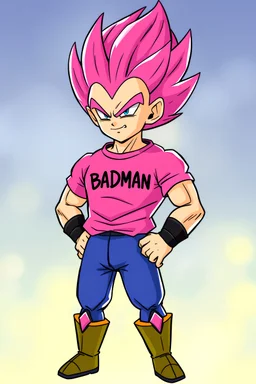 Vegeta from DBZ, 90s, wearing a Pink tshirt named "BADMAN", standing with a smirk smile