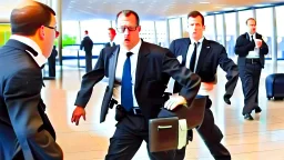 security escorting pouting man away from airport lounge