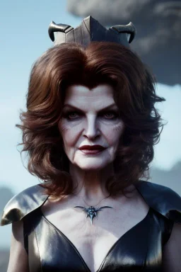 younger Rene Russo as evil queen in leather, cleavage, angry, stern look, unreal 5, octane render,cinema4d, dynamic lighting, dramatic lighting, 4k, redshift render, highly detailed, hyper realistic