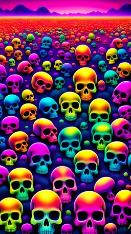 a field of 1000s of psychedelic psilocybin induced anatomically correct, skulls, vivid RANDOM BRIGHT neon colors, dark comedy, well lit, high detail, photorealistic, horrorcore, fun, scary, none featured, each a different color or hue, close to anatomically correct